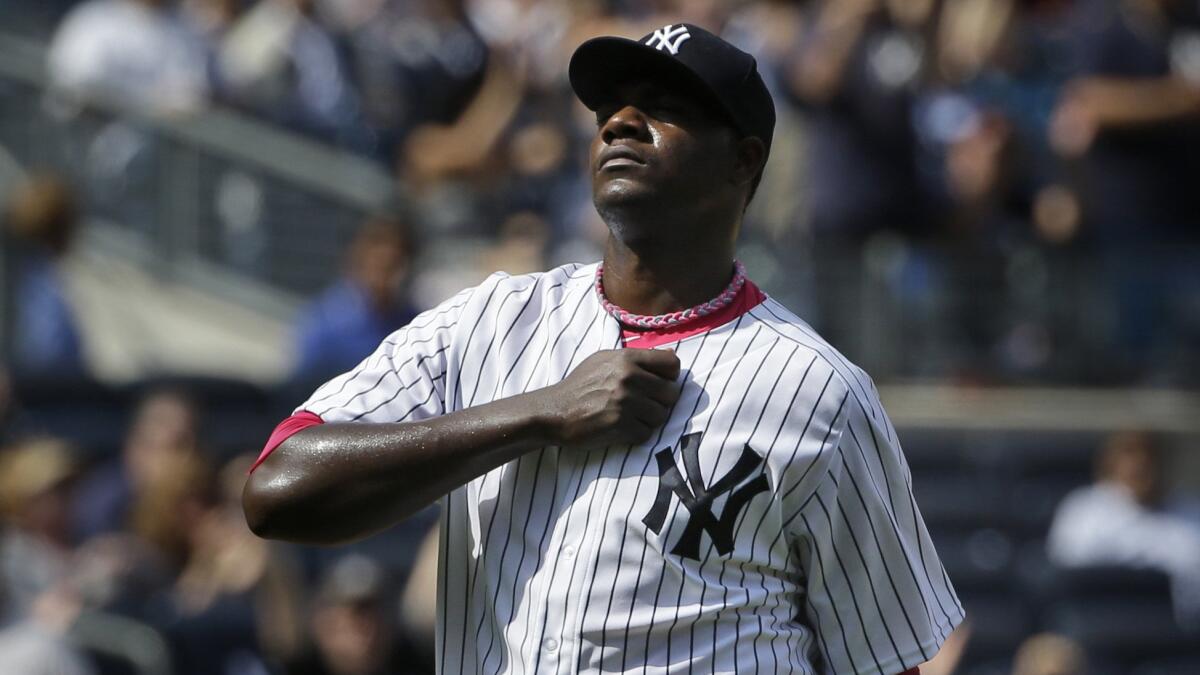 New York Yankees starter Michael Pineda gestures during the seventh inning of a 6-2 win over the Baltimore Orioles on Sunday.