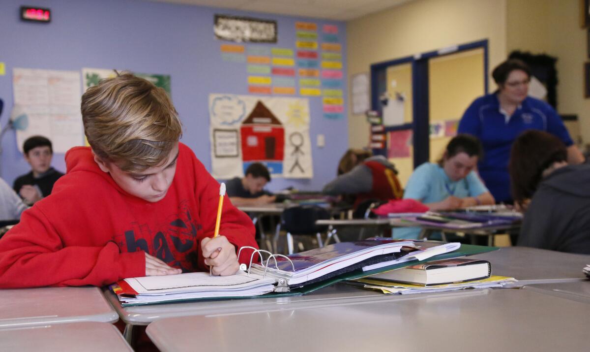 A student wearing a red sweatshirt writes with a pencil in a notebook. A teacher in a blue shirt is in the background. 