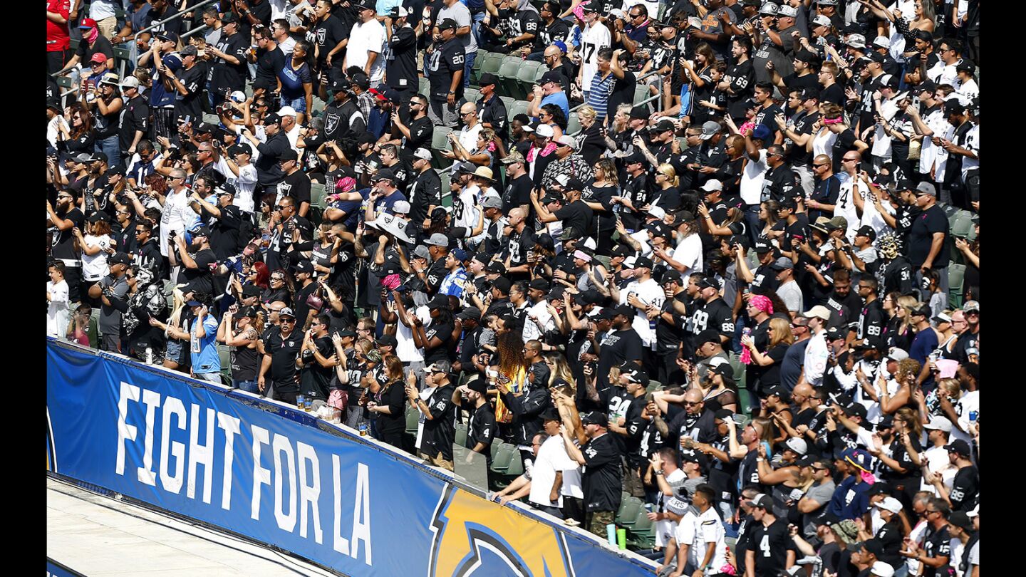 Oakland Raiders fans fill the stadium during a game against the Los Angeles Chargers at the StubHub Center in Carson on Oct. 7, 2018. (Photo by K.C. Alfred/San Diego Union-Tribune)