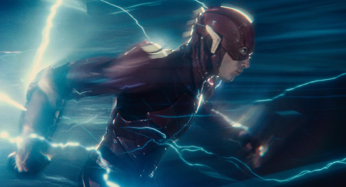 A superhero in a red outfit creates an electrified wake by running very fast.