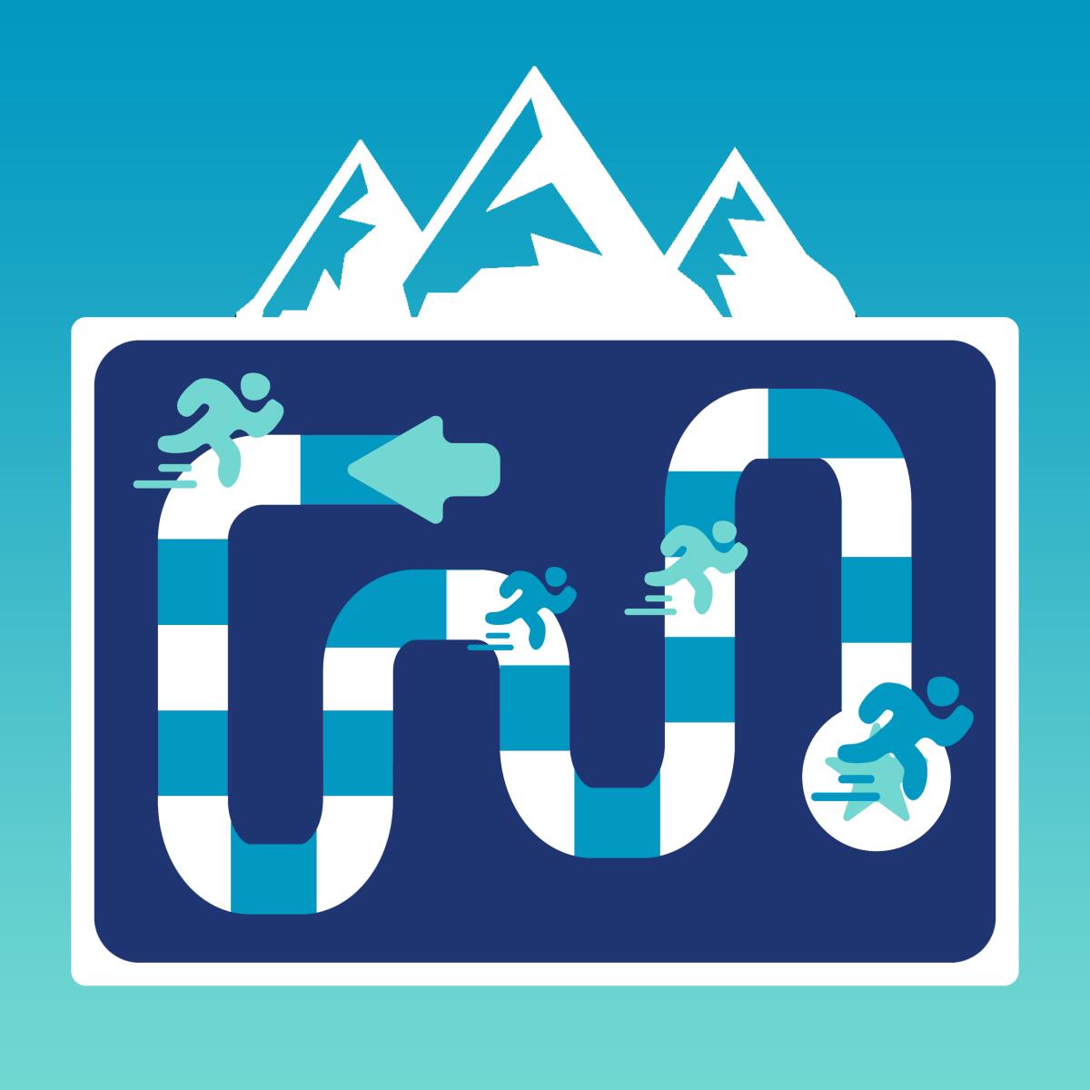Pictogram of a running-influenced board game with an illustrated mountain above.