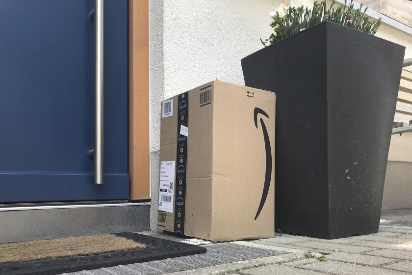 May 2019 image of an Amazon package at a front door in Germany.