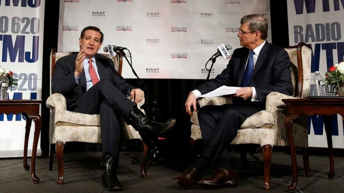 Charlie Sykes, right, interviews Sen. Ted Cruz (R-Texas) before Wisconsin's 2016 primary