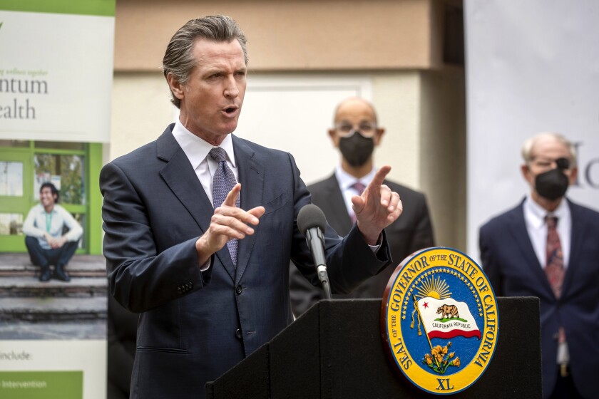 Gov. Gavin Newsom speaks at a mental health treatment center in San Jose to announce his proposal for Care Court.