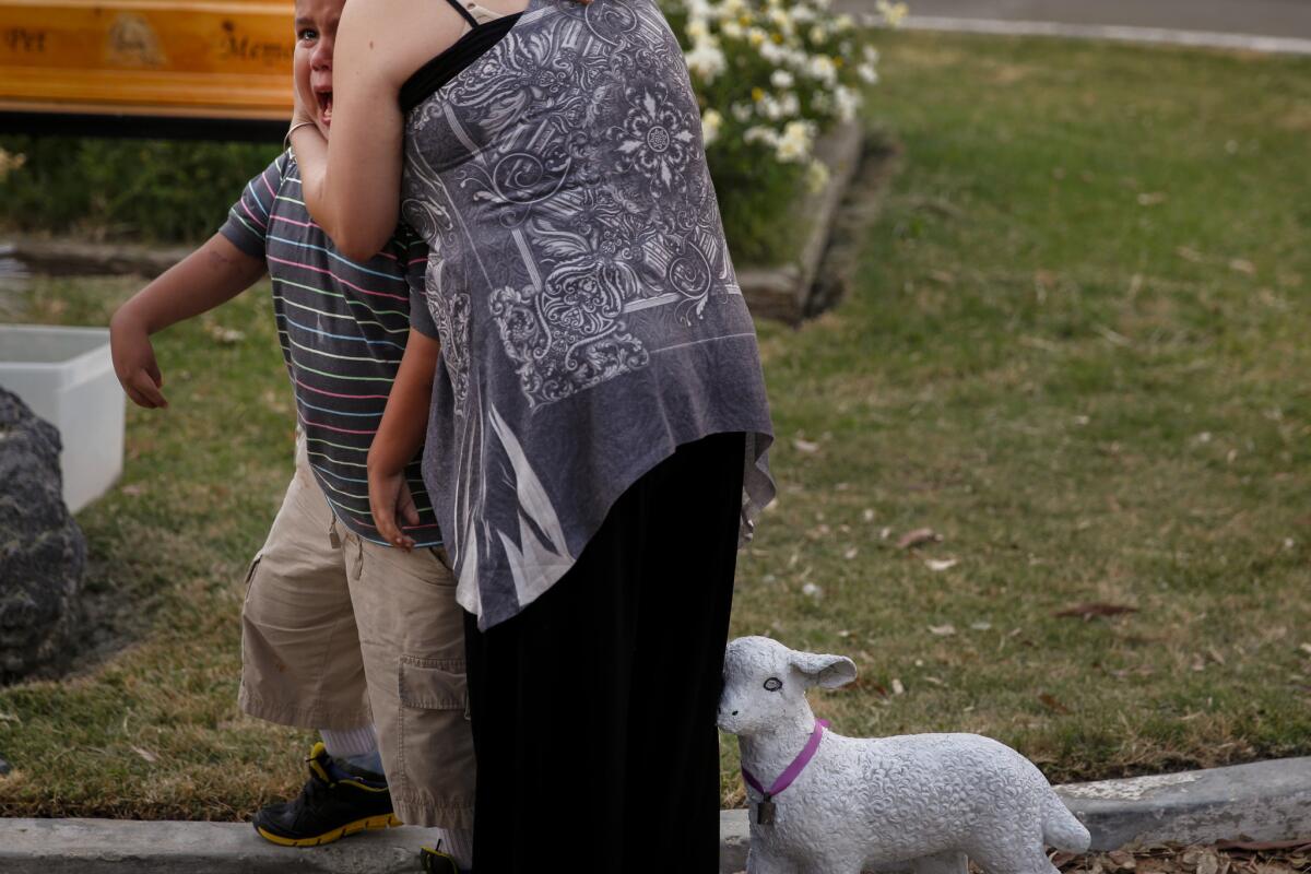 Luisito Meza, 8, of Northridge is comforted by his mother, Diane Uhri, as he gives a tearful remembrance of his cat Sancho, who was killed by a neighbor's pit bull, during a candlelight memorial at the Calabasas pet cemetery.