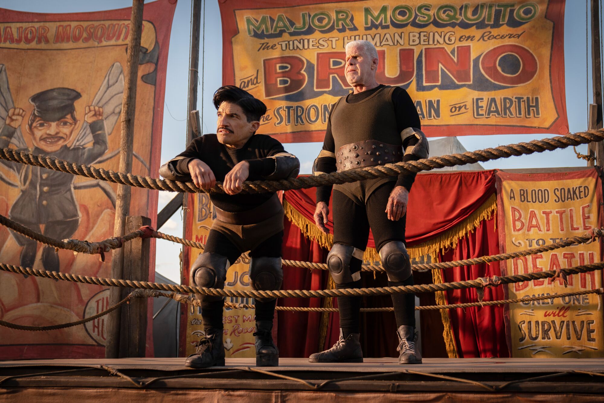 Mark Povinelli and Ron Perlman as carnies in "Nightmare Alley."