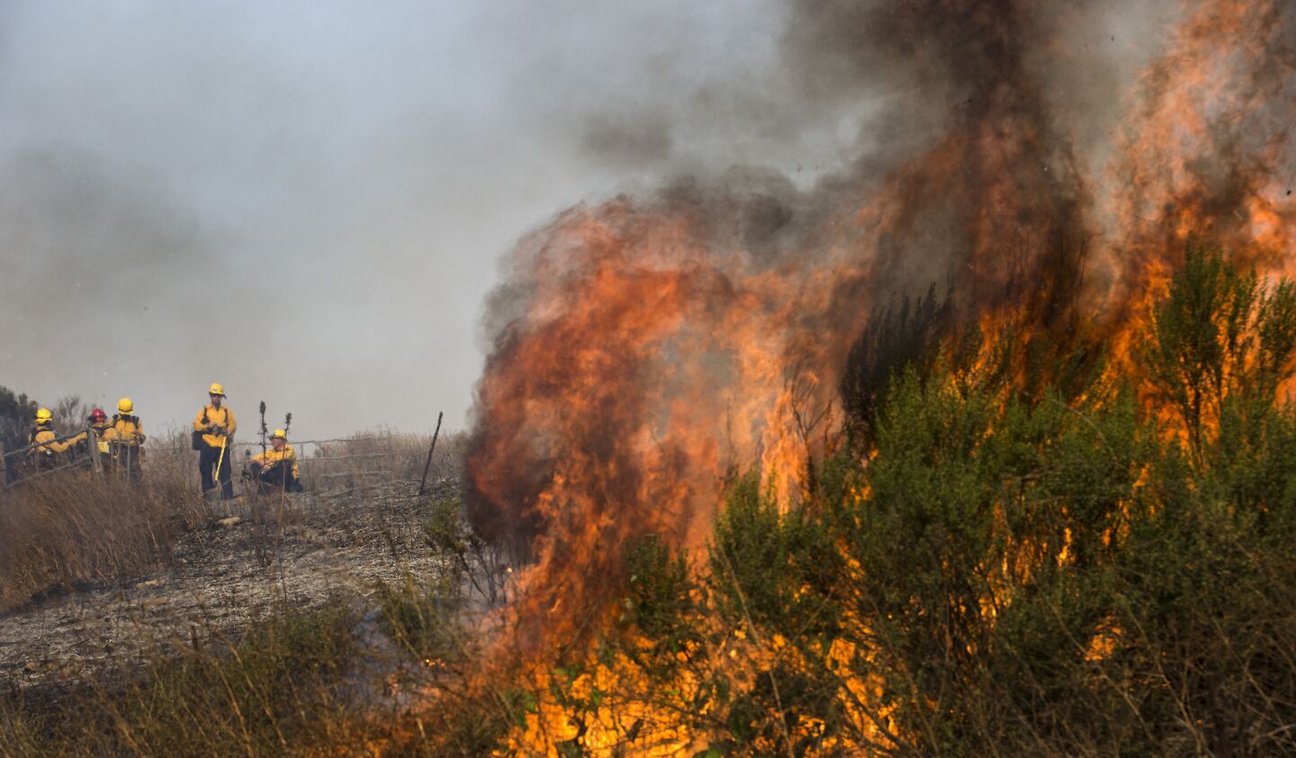 Santa Barbara County firefighters stand by for structure protection as the Sherpa fire consumes heavy brush near Highway 101 on Thursday morning.