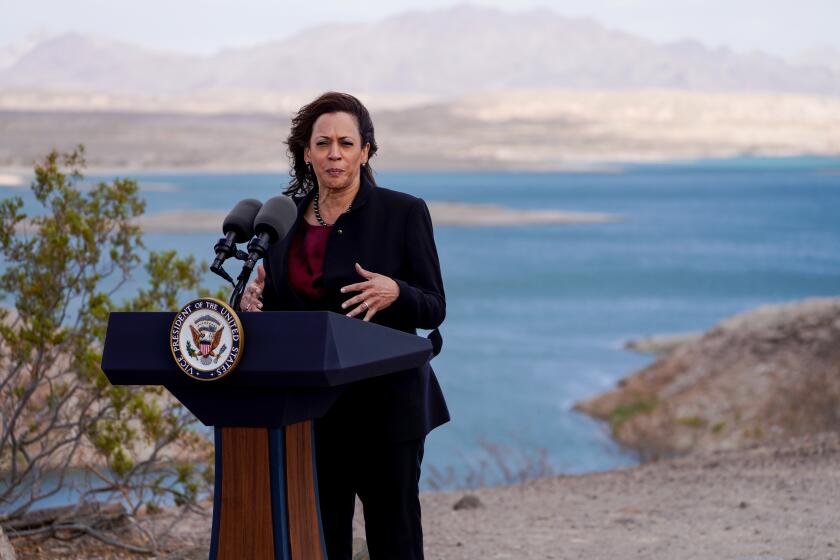 Lake Mead, NV - October 18: U.S. Vice President Kamala Harris delivers remarks during a tour of Lake Mead on Monday, Oct. 18, 2021 in Lake Mead, NV. The Southern Nevada Water Authority briefed the vice president on the ongoing drought in Lake Mead, which supplies more than 90% of water to the Las Vegas Valley. (Kent Nishimura / Los Angeles Times)