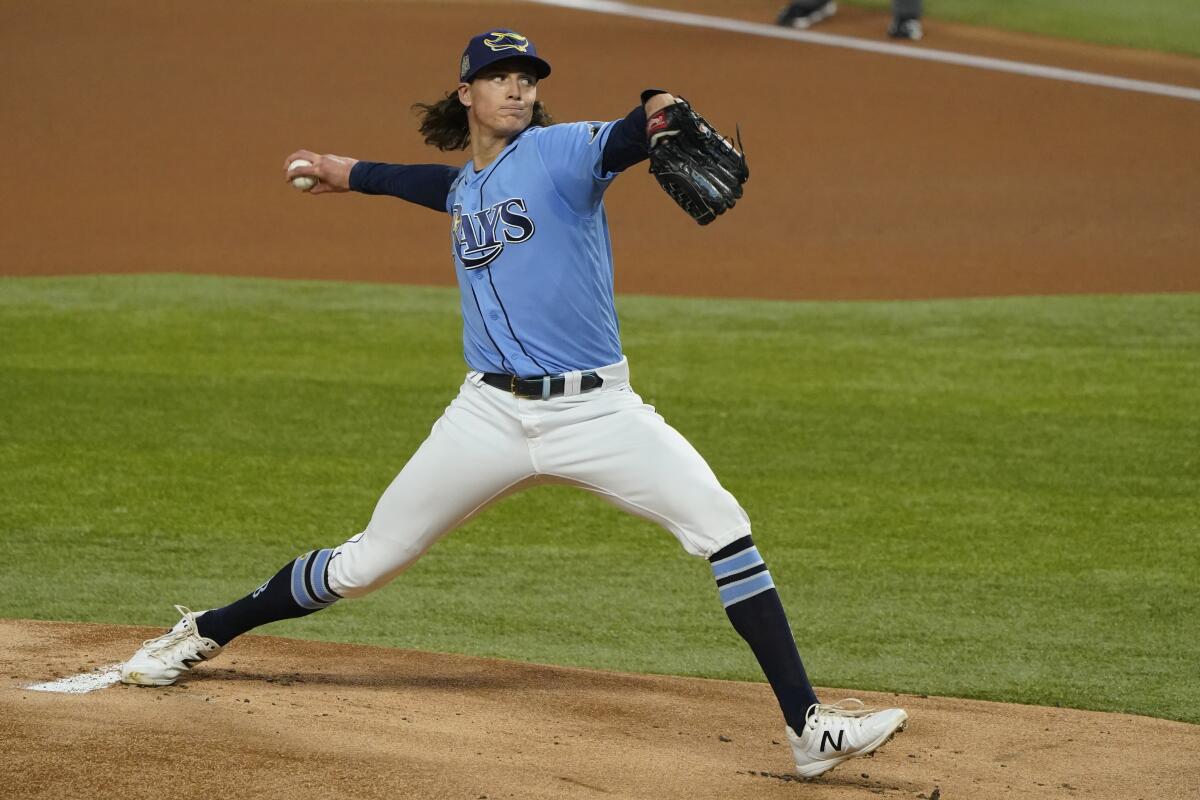 Tampa Bay Rays starting pitcher Tyler Glasnow delivers against the Dodgers in the first inning of Game 5.