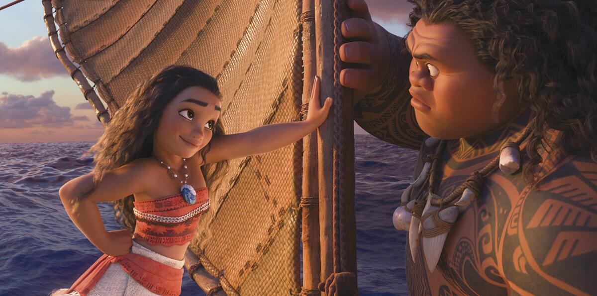 A still from the Disney animated film 'Moana' shows her leaning on a boat next to the demigod Maui