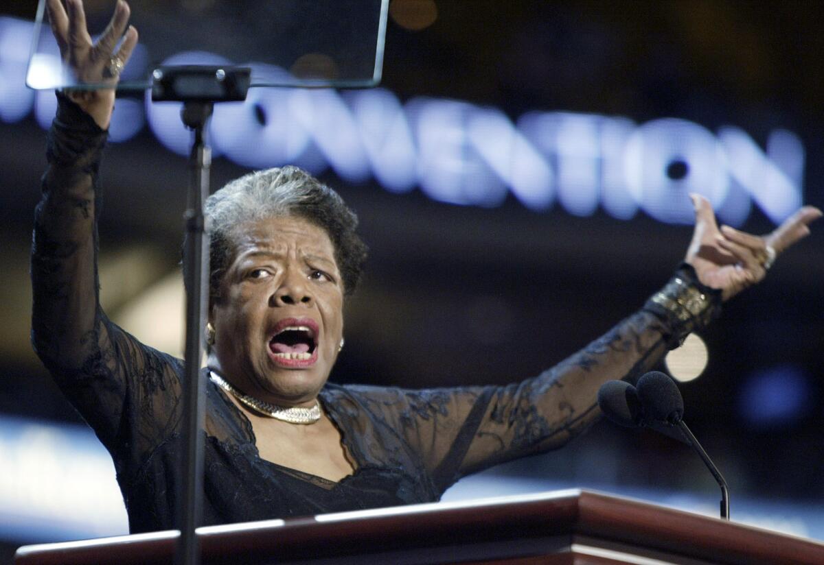 Poet and activist Maya Angelou speaks July 27, 2004, at the Democratic National Convention, in Boston.
