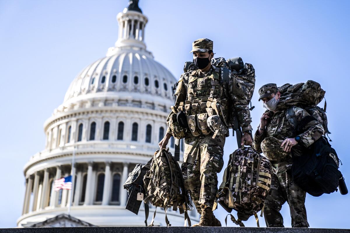 Members of the National Guard are pictured outside the U.S. Capitol building on Jan. 14, 2021 in Washington, D.C.