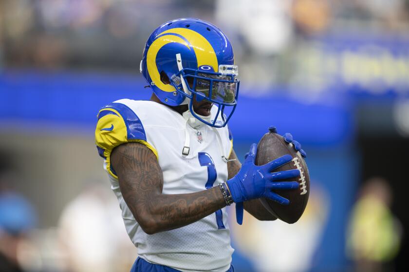 Los Angeles Rams wide receiver DeSean Jackson (1) warms up before an NFL football game against the Chicago Bears Sunday, Sept. 12, 2021, in Inglewood, Calif. (AP Photo/Kyusung Gong)