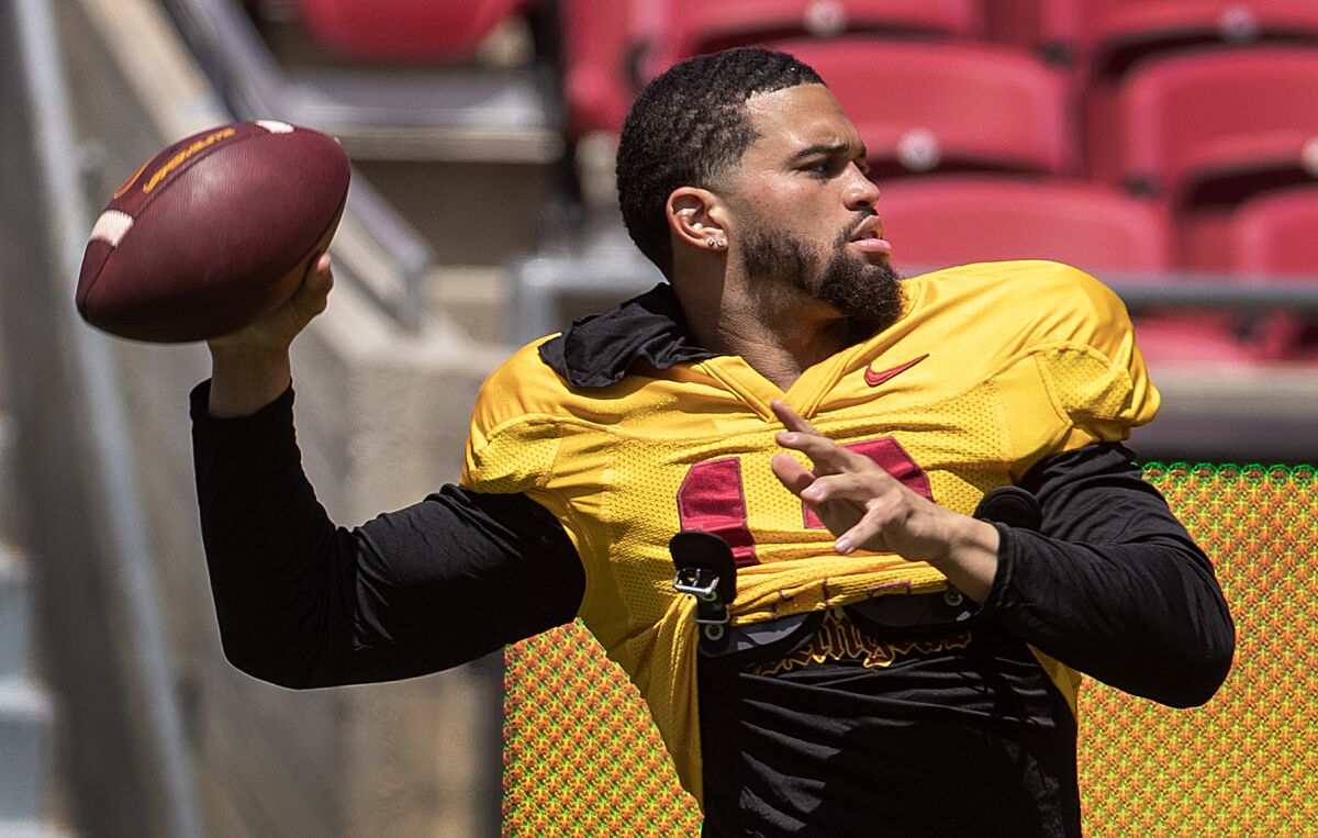 USC quarterback Caleb Williams throws before the USC spring game at the Coliseum in April.