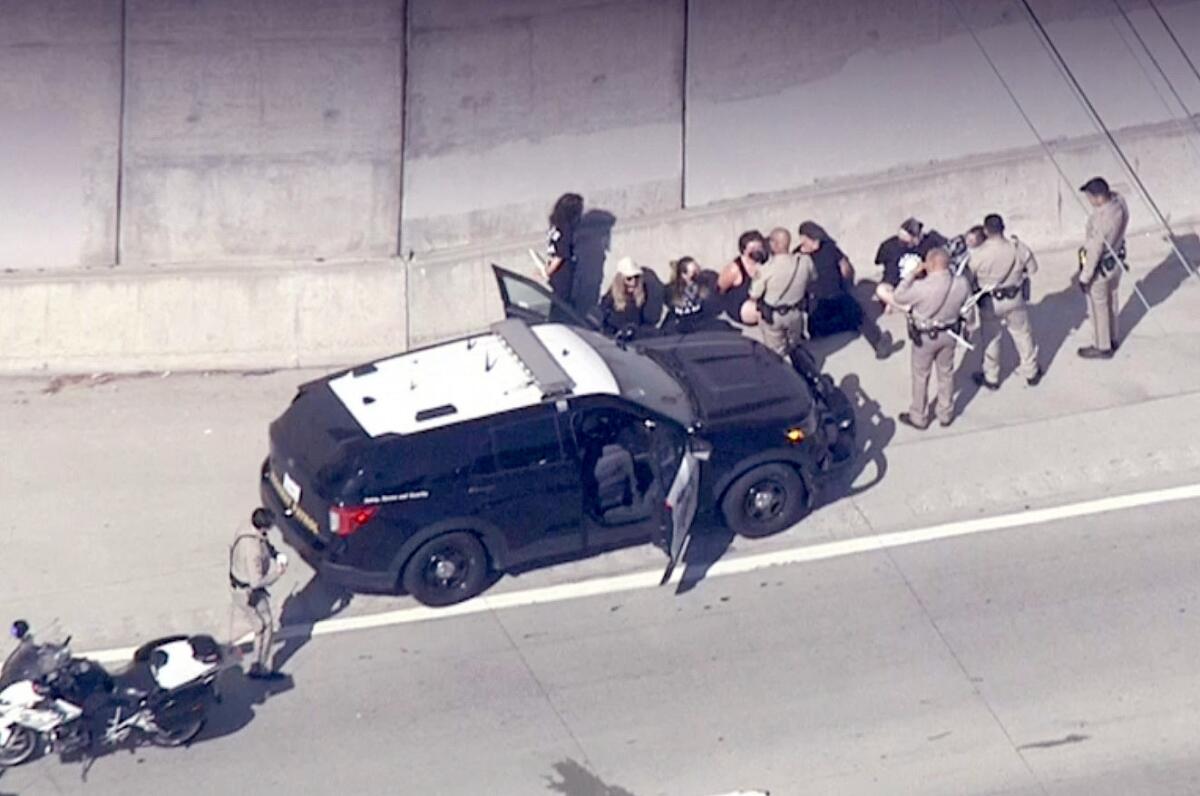 CHP officers remove a group of protesters blocking the southbound San Diego (405) Freeway.