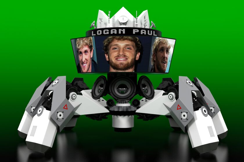 Illustration of media machine with Logan Paul's face projected on screens.