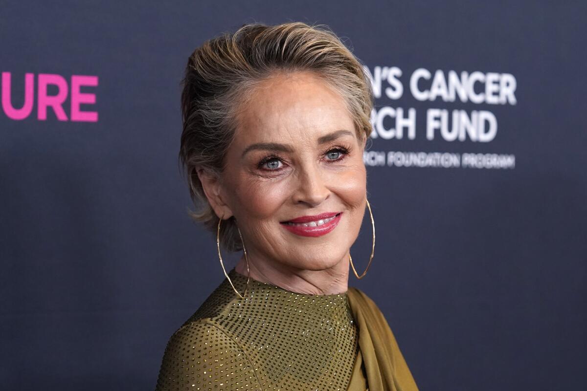 Sharon Stone smiles while clad in a bronze gown with large hoop earrings. 