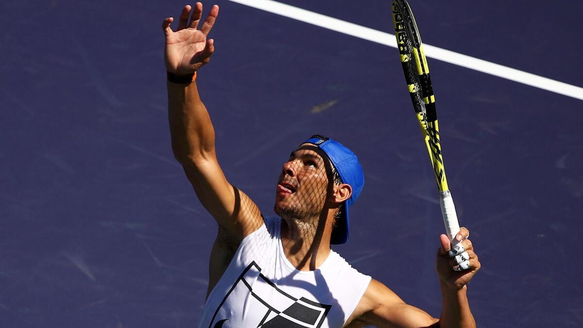 Rafael Nadal during a practice session on Day 2 of the BNP Paribas Open at the Indian Wells Tennis Garden on Monday.