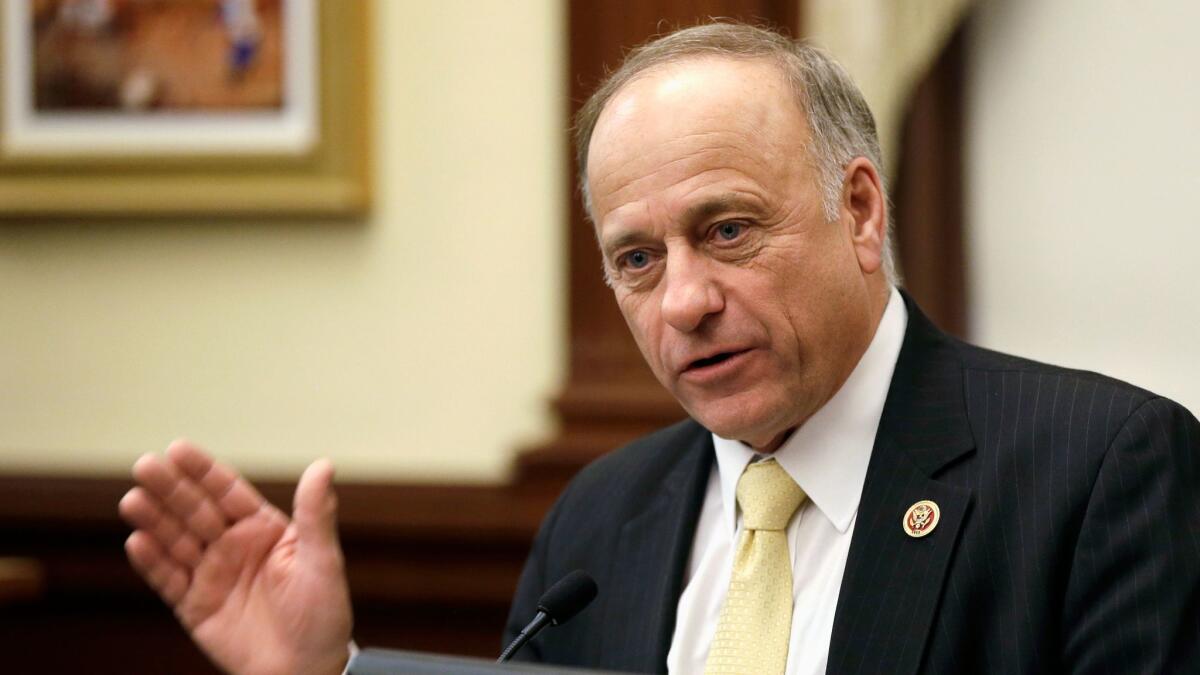 Republican U.S. Rep. Steve King of Iowa speaks in Des Moines on Jan. 23, 2014. In a March 12, tweet, King paid tribute to Geert Wilders, a veteran member of the Dutch Parliament who founded the Party of Freedom.