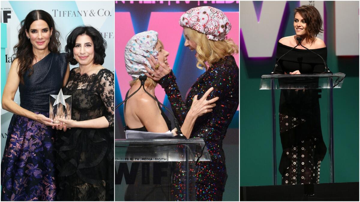 From left: Sandra Bullock and honoree Sue Kroll; Naomi Watts and Nicole Kidman embrace; Kristen Stewart.