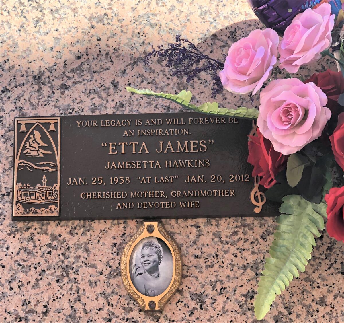 Etta James' marker at Inglewood Cemetery, final resting place to a number of famous singers and actors.