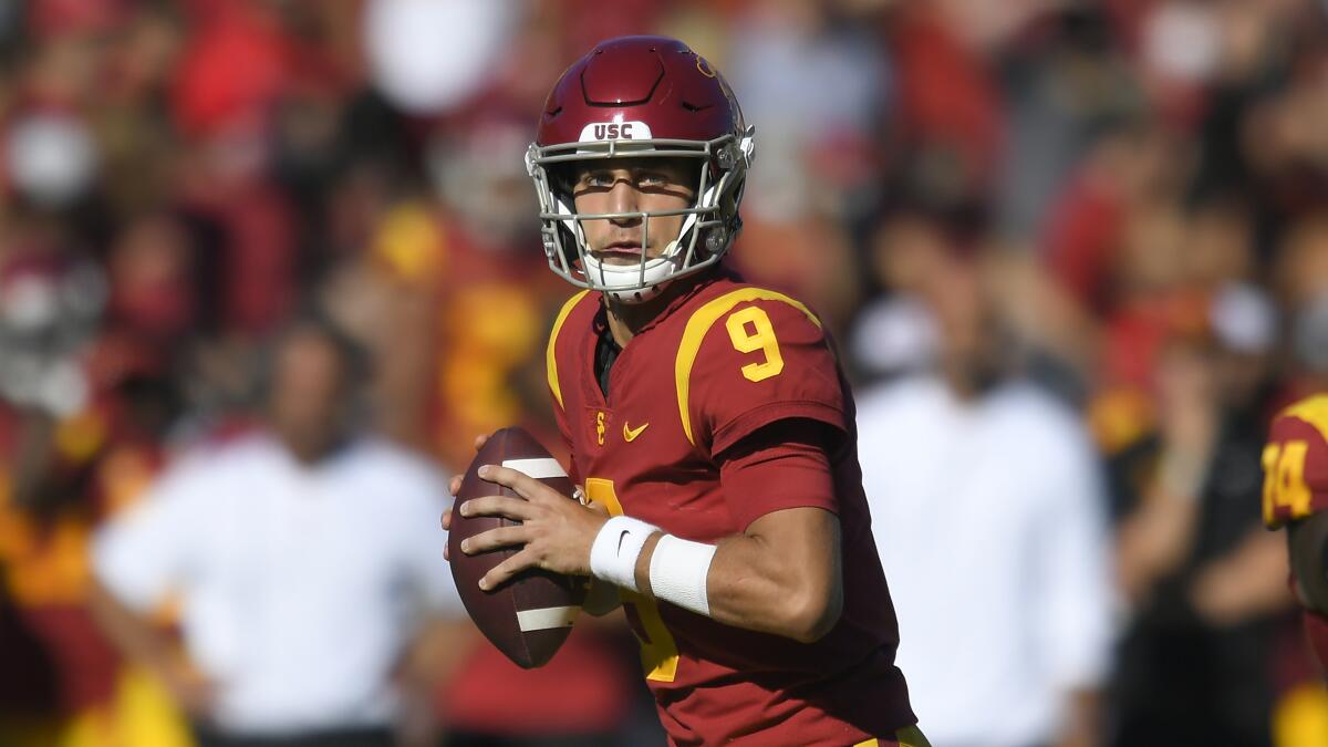 USC Trojans quarterback Kedon Slovis passes while playing the San Jose State Spartans.