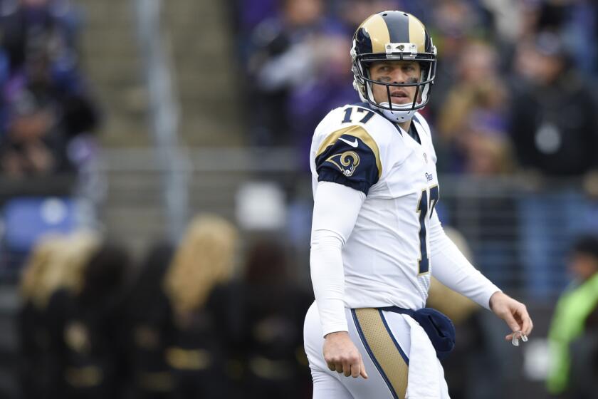Rams quarterback Case Keenum looks over his shoulder during a game against Baltimore on Nov. 22.