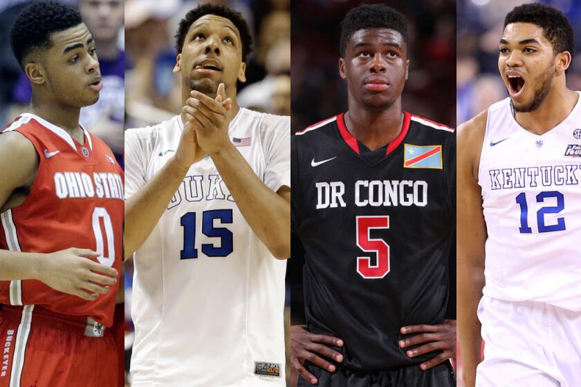 D'Angelo Russell, left, Jahlil Okafor, Emmanuel Mudiay and Karl-Anthony Towns are candidates to be drafted No. 2 overall by the Lakers.