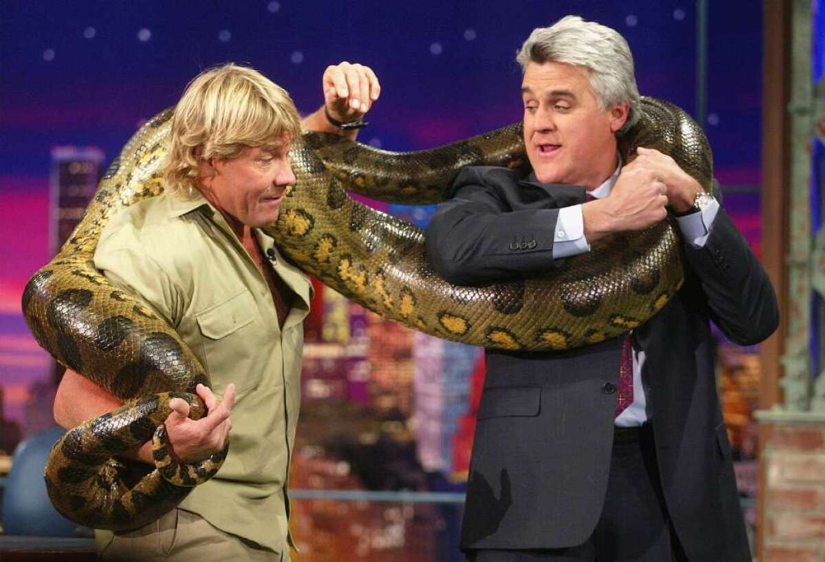Jay Leno (here in 2003 with the late Steve Irwin) has joked that NBC bosses are "snakes."