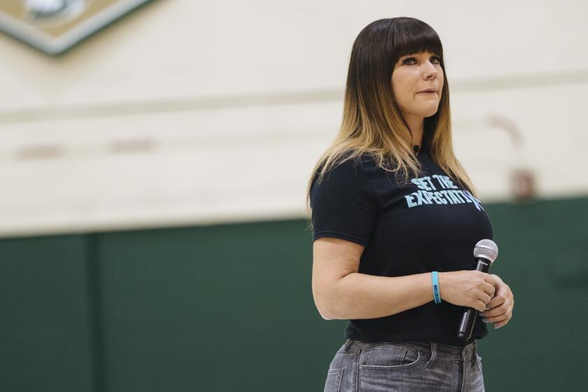 Brenda Tracy talks about her graphic recount of the gang rape she suffered at the hands of Oregon State football players in front of almost 500 student athletes at Sacramento State in Sacramento, Calif. Wednesday, Oct. 17, 2018.(Mason Trinca for The Los Angeles Times)