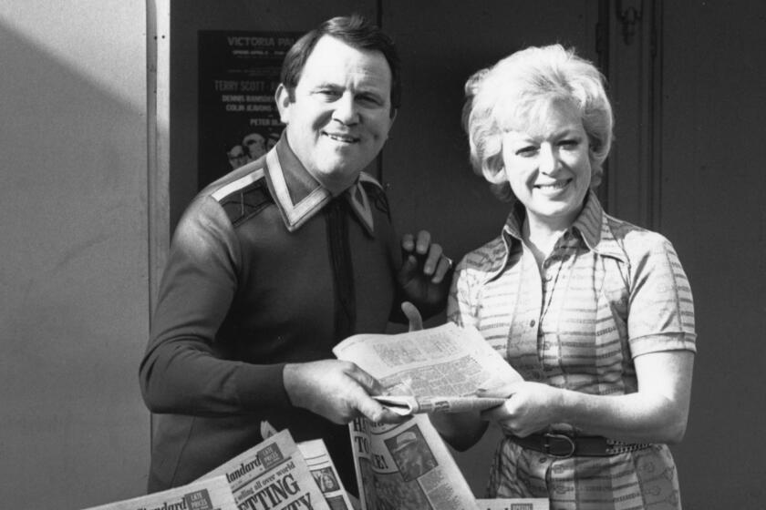 2nd April 1976: Terry Scott and June Whitfield, famous as a married couple in television comedy 'Terry And June', are teaming up for a new farce at London's Victoria Palace called 'A Bedful of Foreigners'. (Photo by Keystone/Getty Images)
