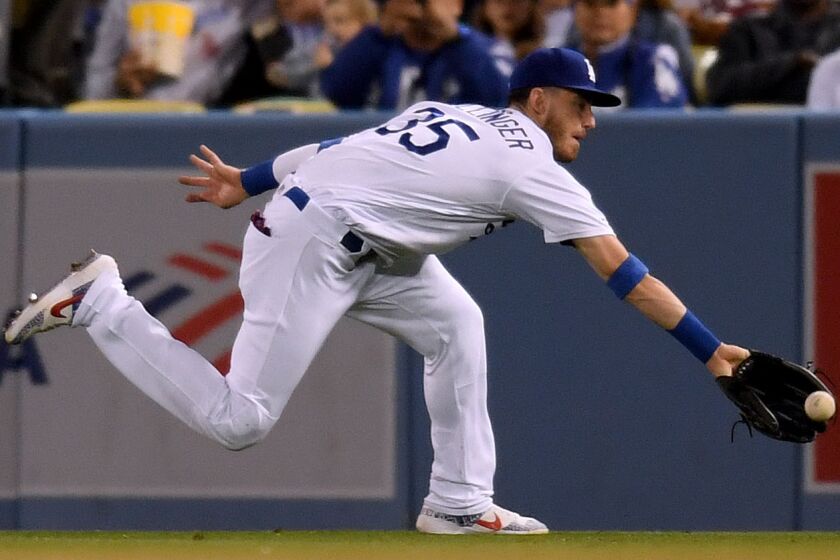 LOS ANGELES, CALIFORNIA - MAY 07: Cody Bellinger #35 of the Los Angeles Dodgers makes a running catch for an out of Ronald Acuna Jr. #13 of the Atlanta Braves to end the top of the seventh inning at Dodger Stadium on May 07, 2019 in Los Angeles, California. (Photo by Harry How/Getty Images)