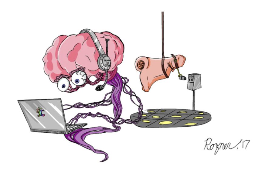 Illustration of brain working on laptop and a nose dangling from a rope