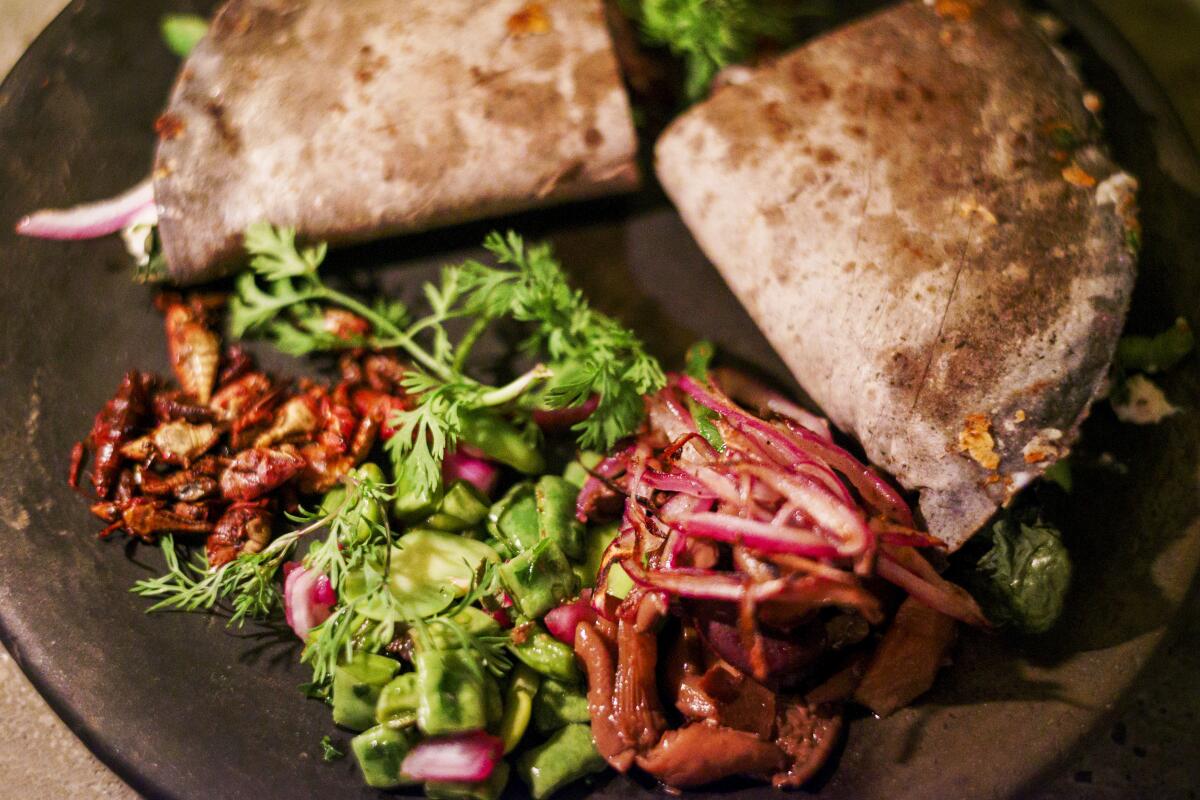 A dish featuring a quesadilla on a dark plate.