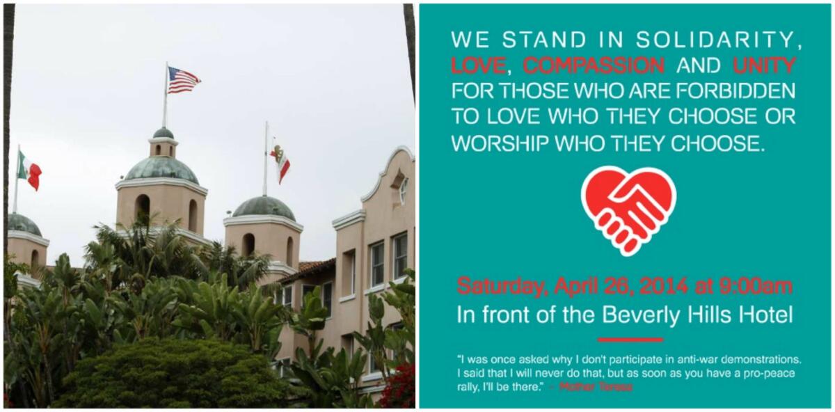 At left, a 2012 file photo of the Beverly Hills Hotel. At right, a flier for Saturday's planned protest.