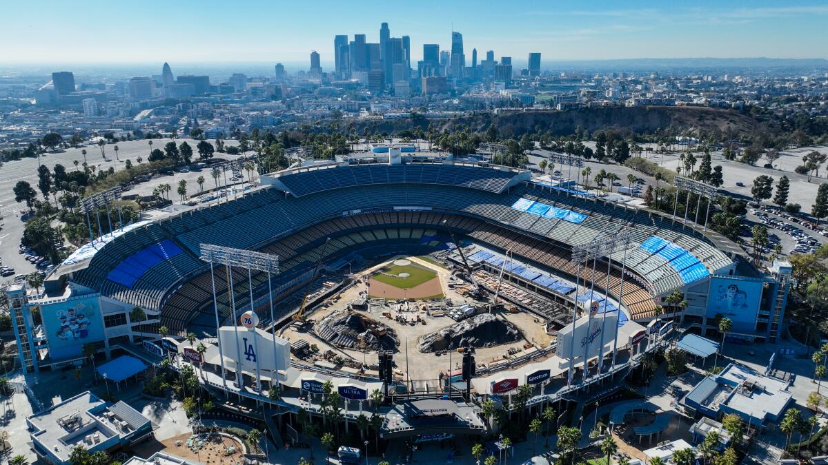 Aerial view of Dodger Stadium during construction