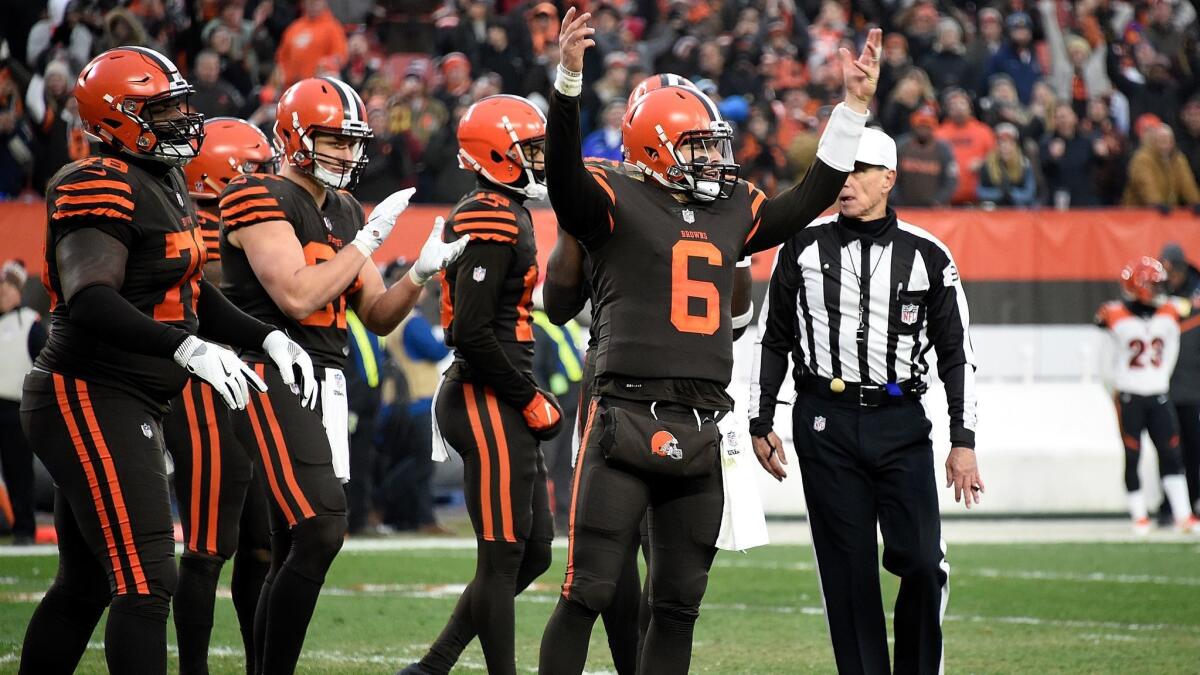 Cleveland Browns quarterback Baker Mayfield (6) reacts after a 26-18 win over the Cincinnati Bengals on Sunday.