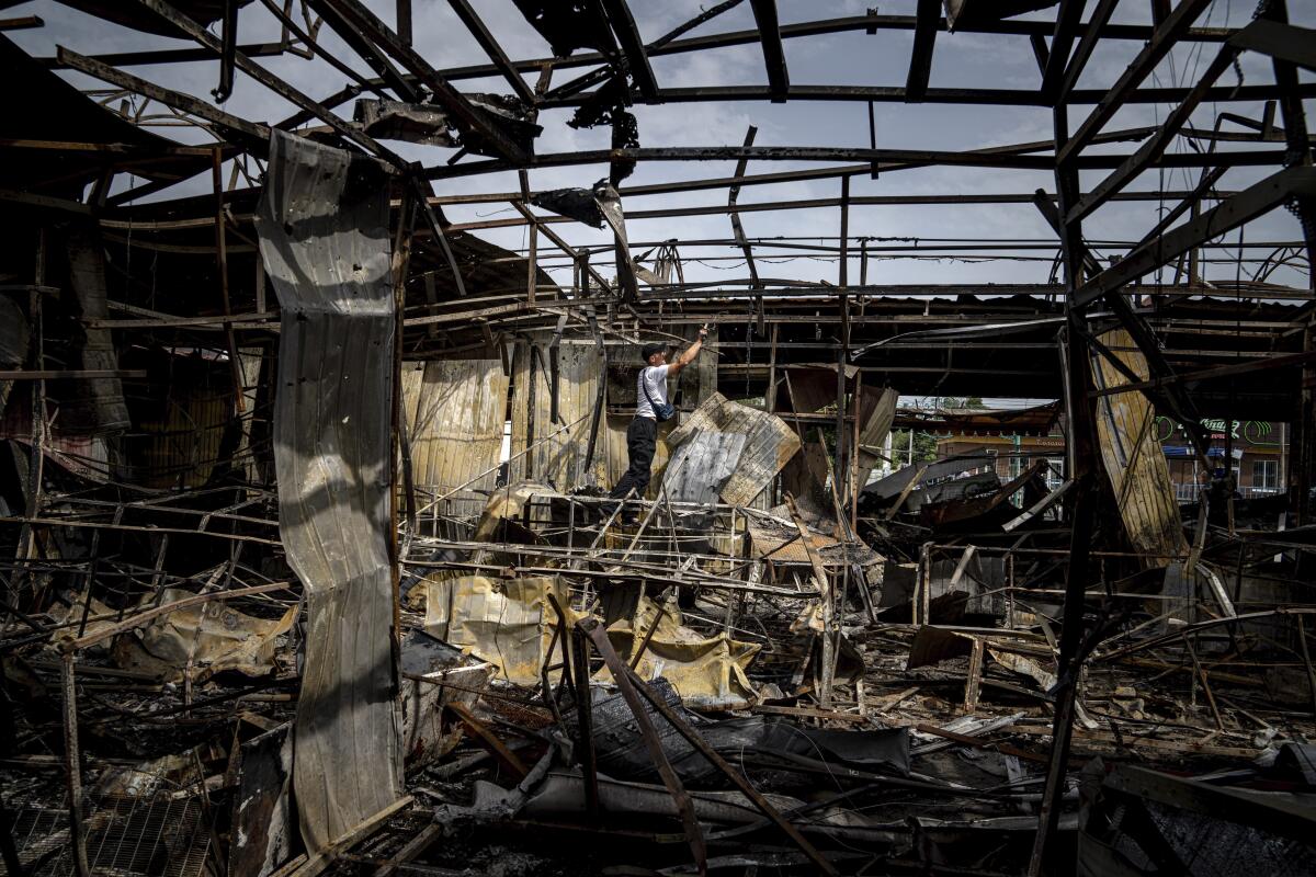 Bombed-out market in Nikopol, Ukraine
