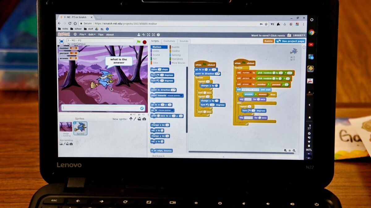 The free online program Scratch is used to teach coding to fourth- through sixth-graders at Adams Elementary School in Costa Mesa.