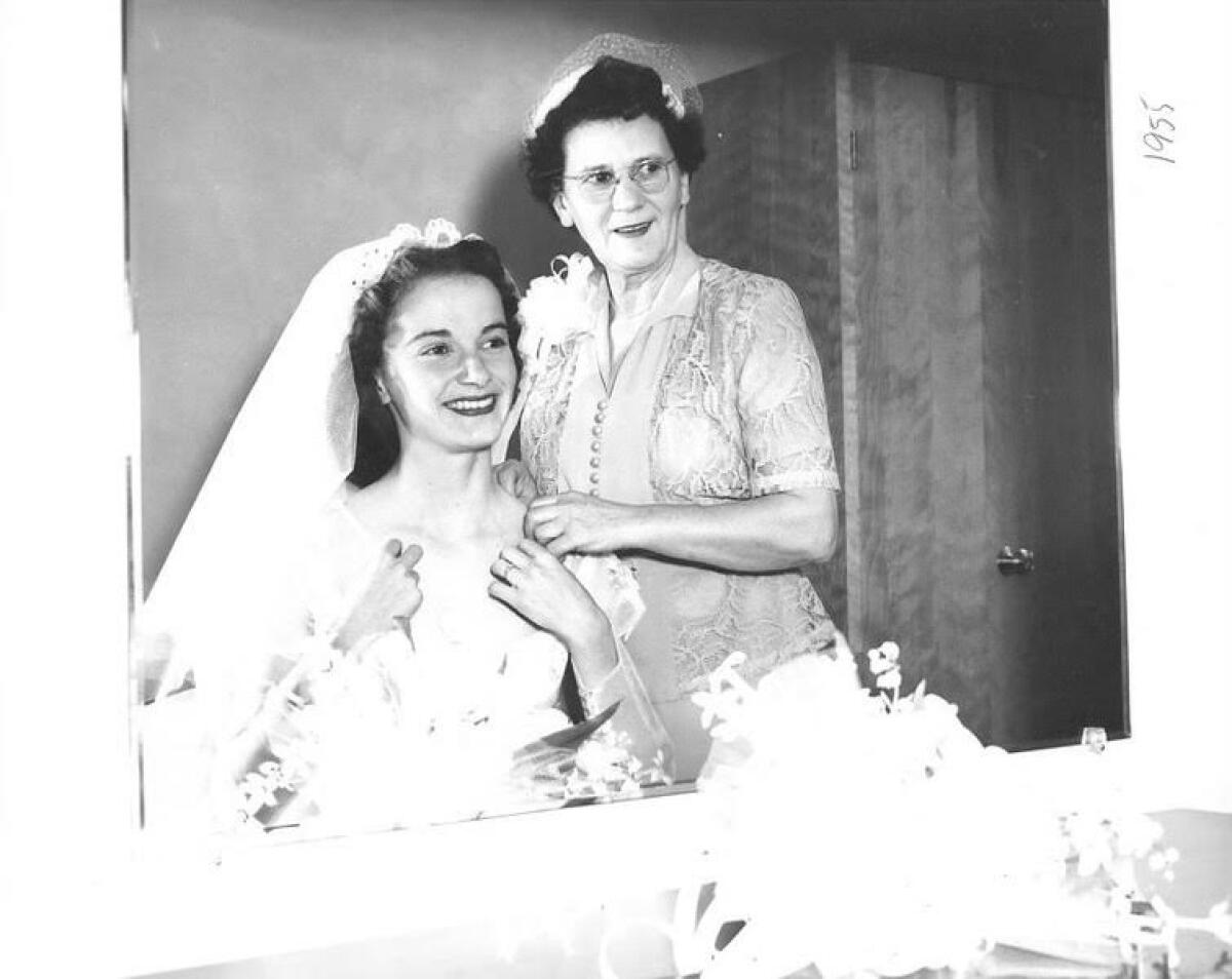 Elly Schwarzer with daughter Dolores MacGee on the day of Dolores' wedding in 1955.