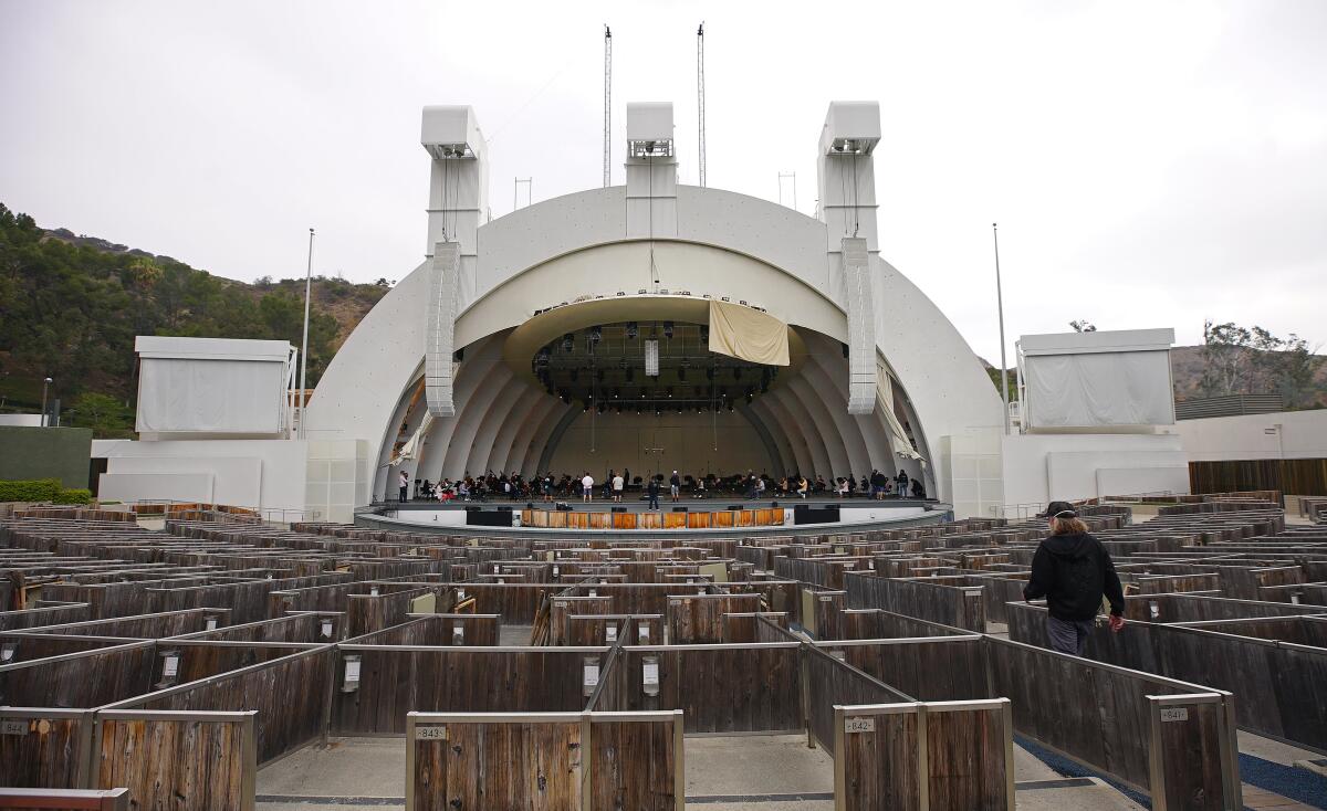 The L.A. Phil rehearses its reopening concert in an empty Hollywood Bowl.