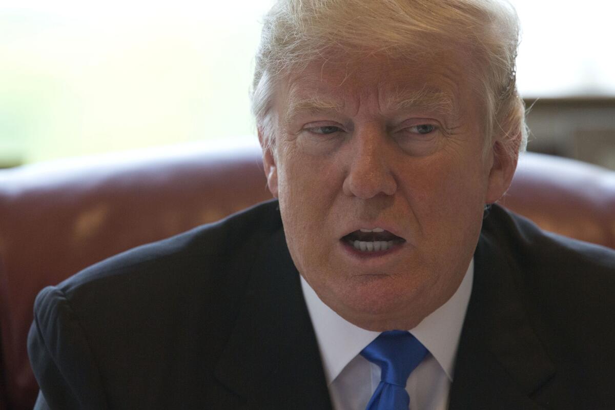 Republican presidential candidate Donald Trump speaks during an interview in his office at Trump Tower on May 10, in New York.
