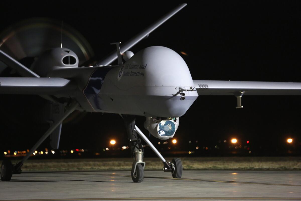 A Predator drone operated by U.S. Office of Air and Marine taxis towards the tarmac for a surveillance flight near the Mexican border.