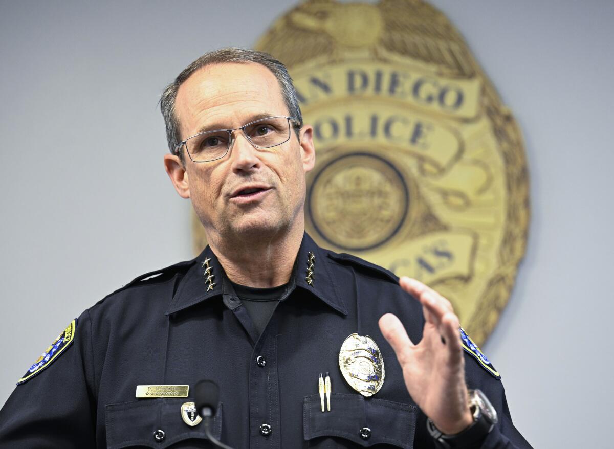 File art of San Diego Police Chief David Nisleit at a news conference.