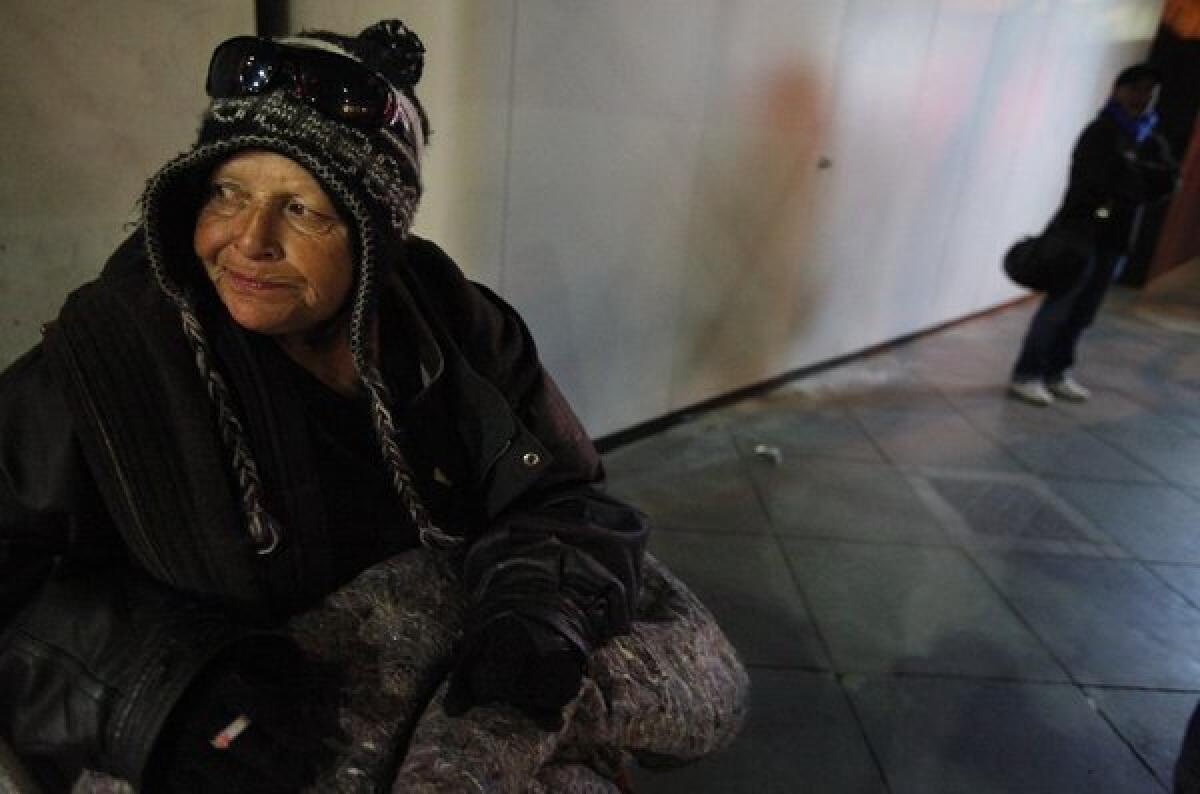 Diane Muldanado, 58, tries to stay warm during the Santa Monica homeless count on Jan. 31, 2013.