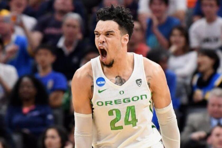 Oregon forward Dillon Brooks gets fired up during an NCAA tournament game against Rhode Island on March 19.