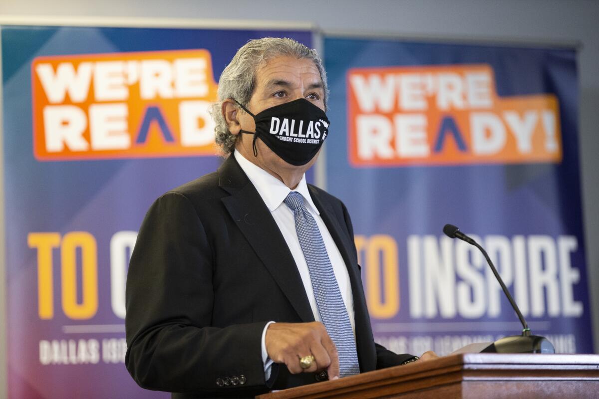 Dallas Independent School District Superintendent Dr. Michael Hinojosa announces that masks will be required at all Dallas ISD schools at DISD headquarters in Dallas, Monday, August 9, 2021. (Brandon Wade/The Dallas Morning News via AP)