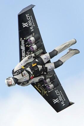 A photo of Yves Rossy taken May 14, 2008, above Bex, Switzerland, in his jet-fuel-powered "wings."