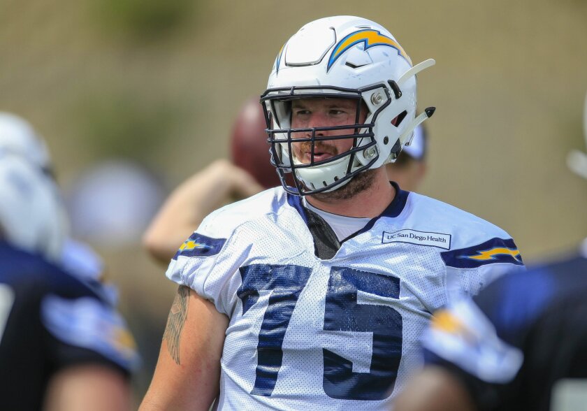 Jeremiah Sirles #75 on Day 2 of Chargers training camp at the Chargers Park on Friday in San Diego, California.