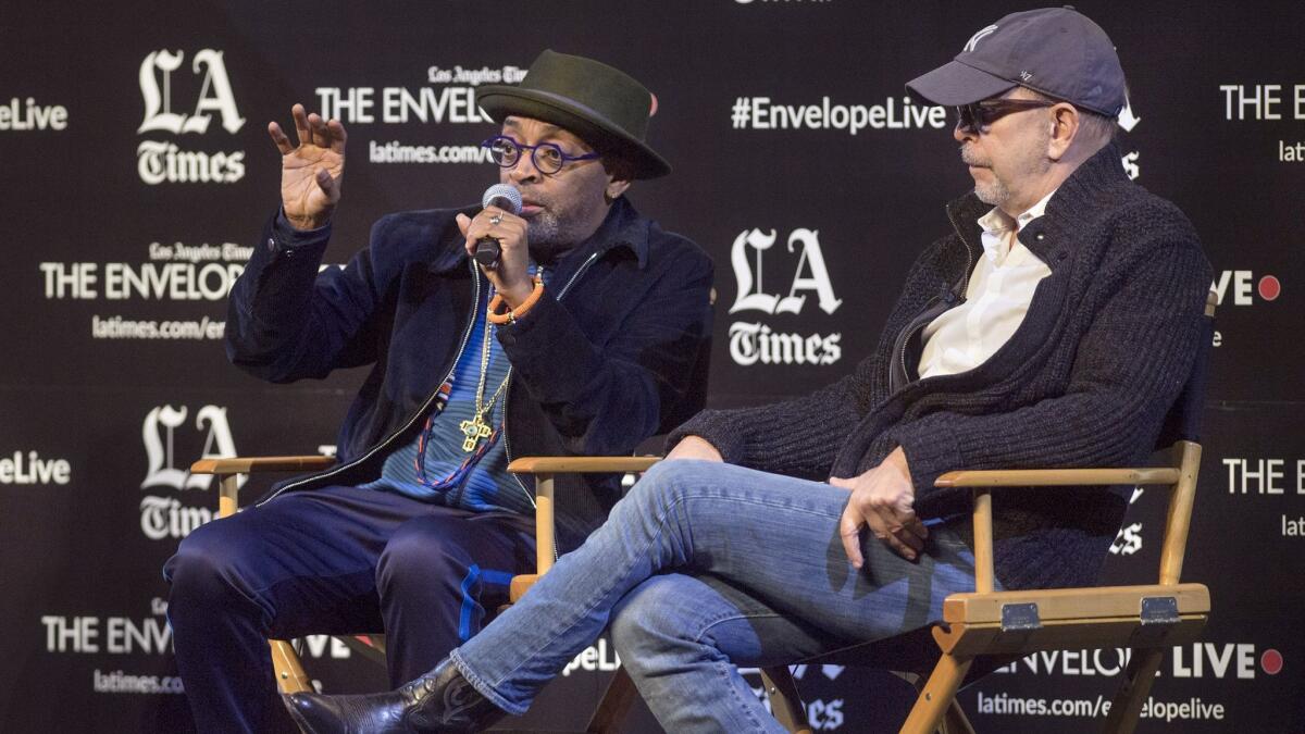 Director Spike Lee, left, and editor Barry Alexander Brown talk about "BlacKkKlansman" at an Envelope Live screening at the Montalbán in Hollywood.